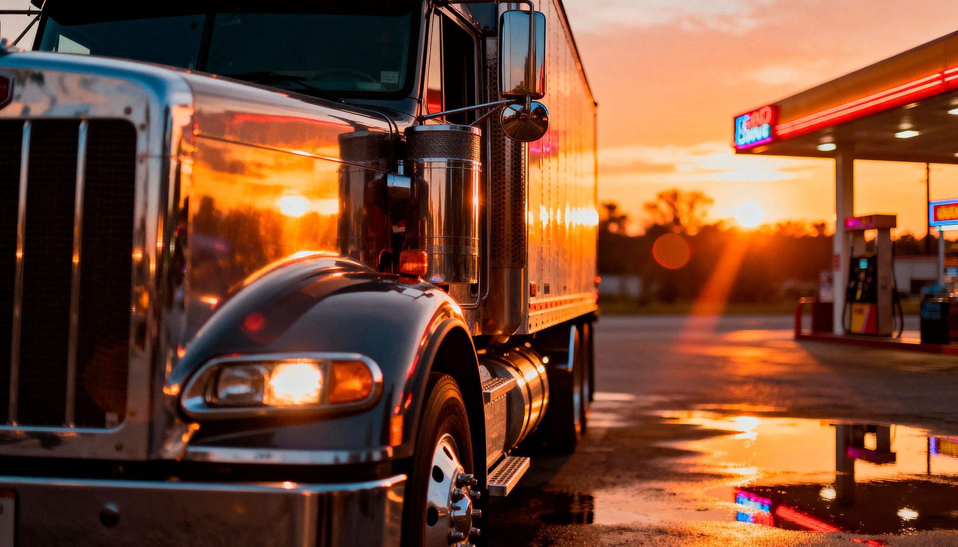A UGL tractor reflecting golden-hour light at a truck stop